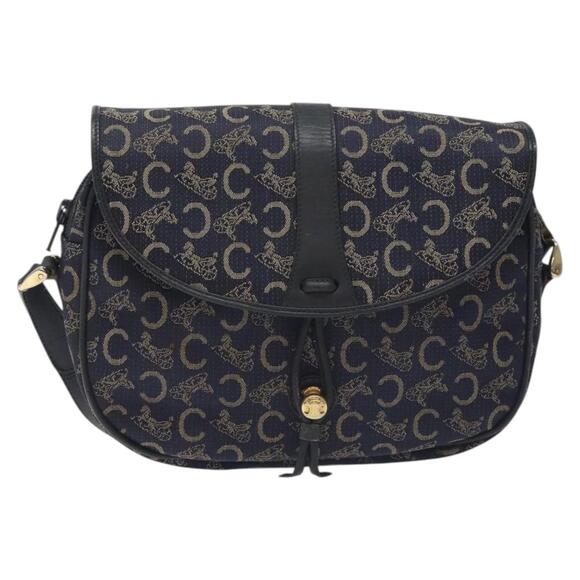 CELINE C Sulky Shoulder Bag Canvas Navy Gold - Picture 2 of 12